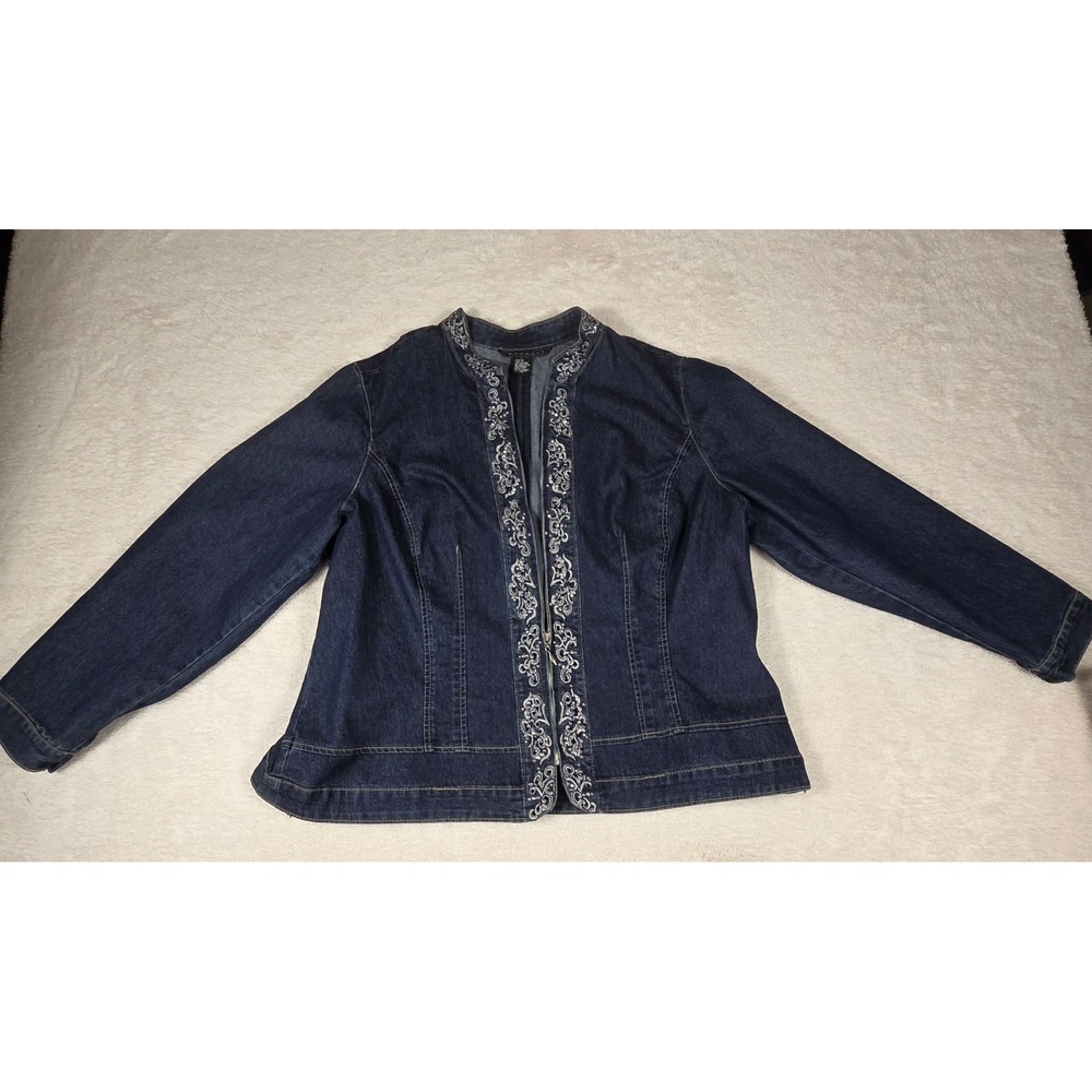 Baccini Denim Jacket Women 2X Blue Excellent Embroidered Beaded Zip Up Indigo